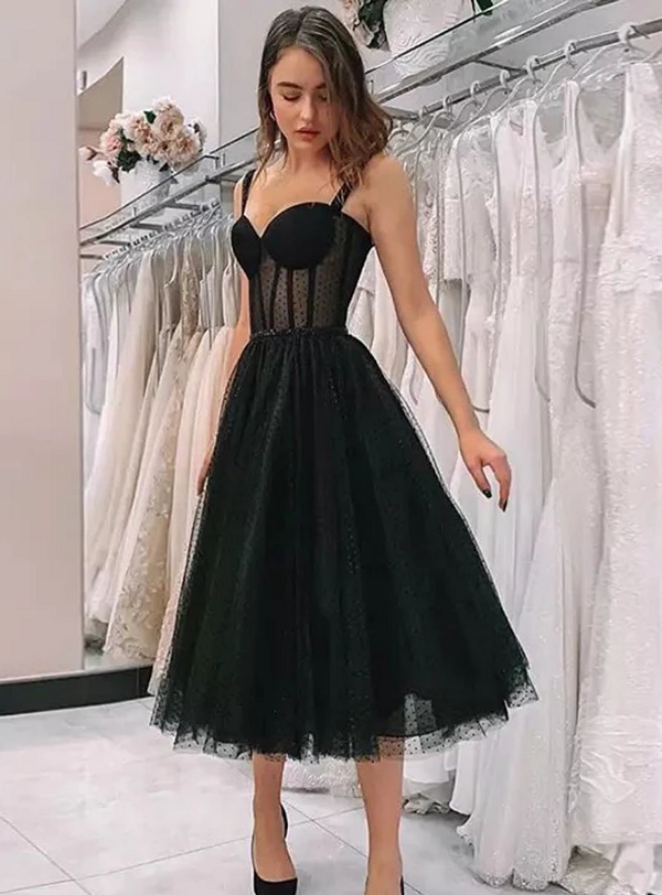 A-Line Black Tulle Straps Sweetheart ...